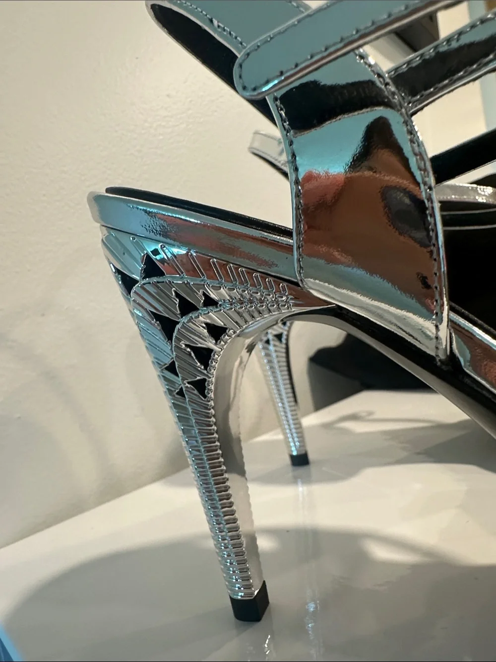 CHANEL Silver high shine mirror like effect Open-yToe Slingback Heels
